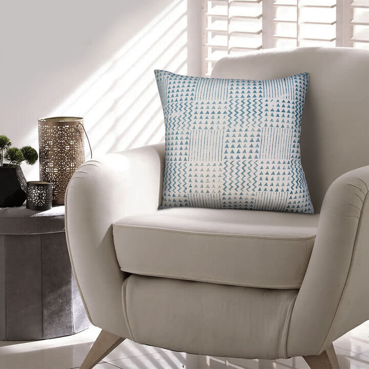 18 x 18 Handcrafted Square Cotton Accent Throw Pillows, Aztec Minimalistic Print, Set of 2, Blue, White - Benzara
