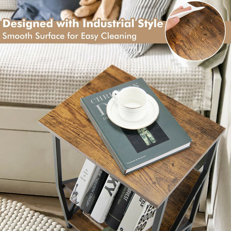 3-Tier Industrial Side Table with V-shaped Bookshelf for Living Room-Rustic Brown image number 7