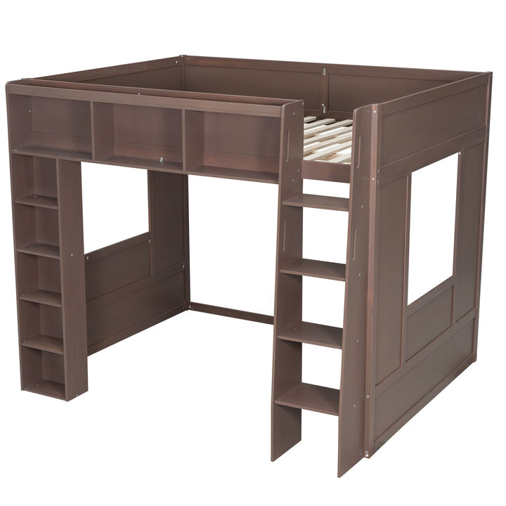 Merax Queen Wooden Loft Bed with Storage Cabinets