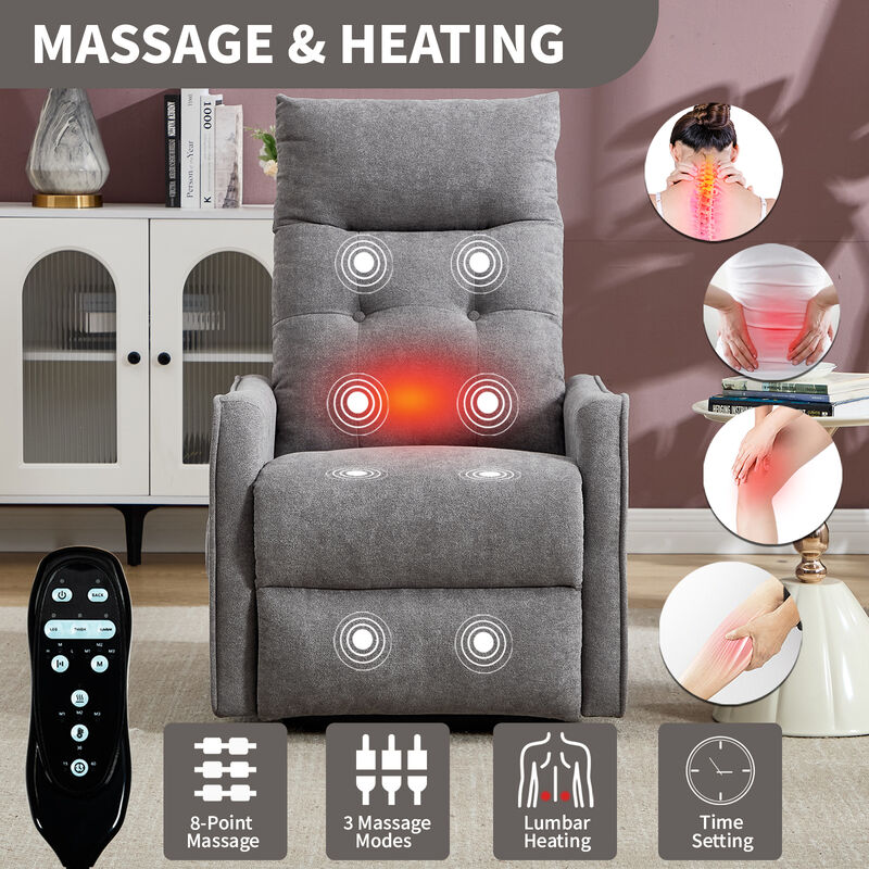Chenille Single Motor Power Lift Recliner Chair with Heat Massage and USB Charging for Elderly