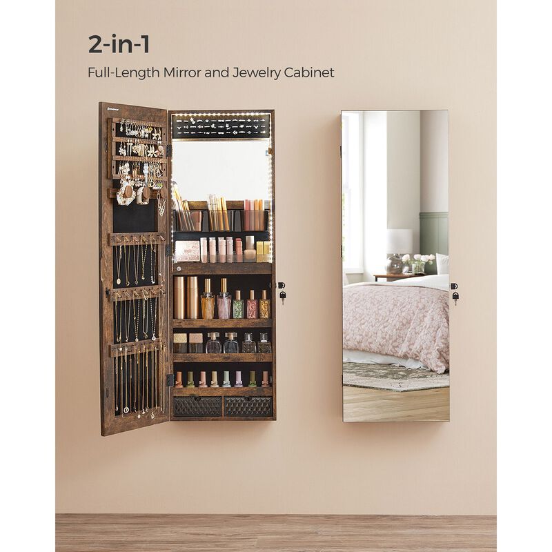 Freestanding Jewelry Armoire Organizer with LED Mirror &ndash; Lockable Storage Cabinet with Drawers, Hooks & Shelves for Bedroom