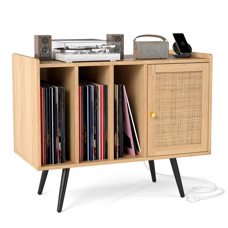 Record Player Stand with Rattan Cabinet and Charging Station for Living Room-Natural image number 3
