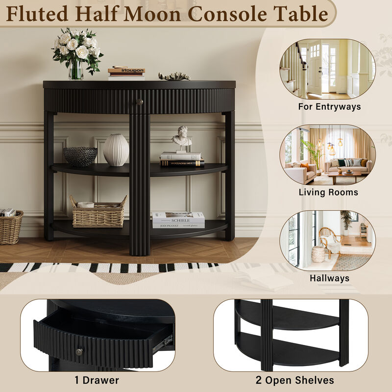 Whisen Half Moon Console Table, Fluted Wooden Entryway Table with Drawer & 2 Shelves, Solid Wood & MDF for Living Room Hallway image number 3
