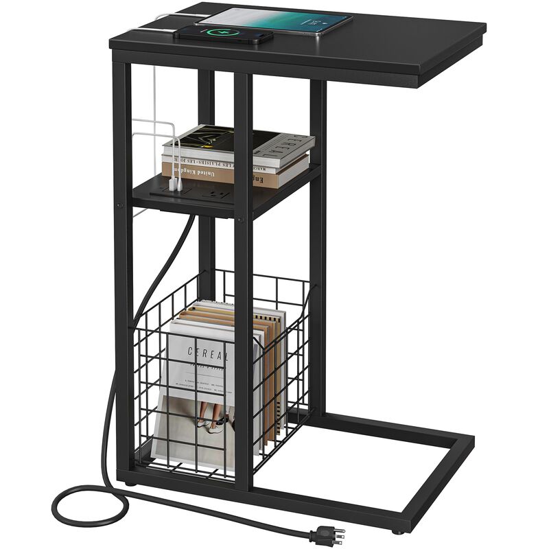 Vagusicc C Shaped End Table with Charging Station, Side Table for Couch, Small Side End Table for Small Spaces, 28"" High Slide