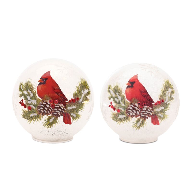 Set of 2 LED Lighted Cardinal Pine Globes – Winter Snow Globe Decor with Birds and Pine for Christmas Centerpieces or Shelf Styling
