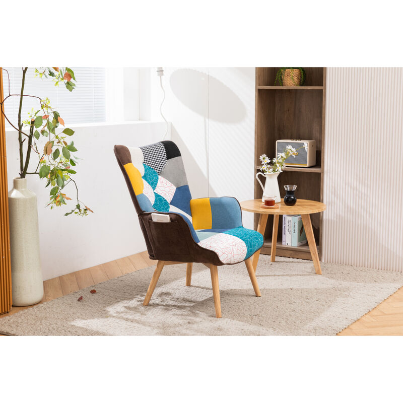 Modern Patchwork Accent Chair with Solid Wood Armrest and Feet, Mid-Century Modern Accent Sofa, Fabric Sofa Chair for Living Room Bedroom Studio, Comfy Side Armchair for Bed