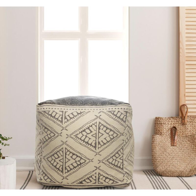 Hivvago 20 Inch Beige Cotton Tribal Pouf Ottoman