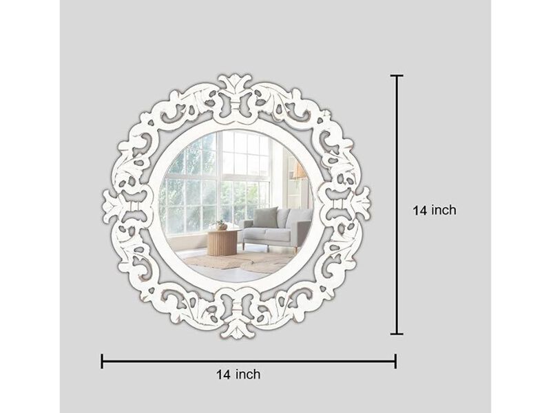 16" White Antique Round Mirror &ndash; Hand-Carved Rustic Farmhouse Accent