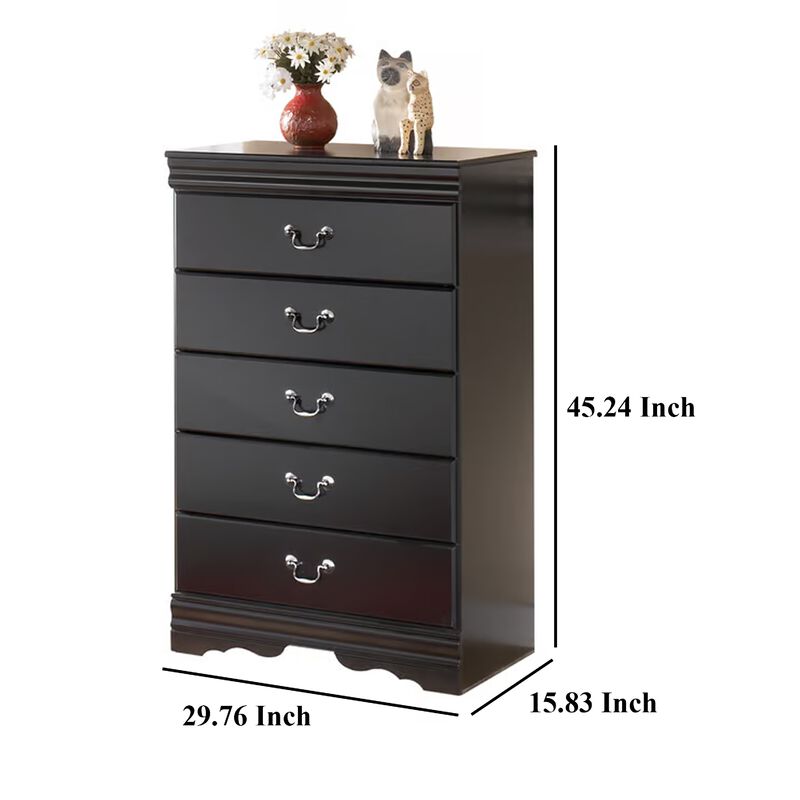 Yara Tall Dresser Chest, Classic Black, 5 Drawers Pewter Metal Handles