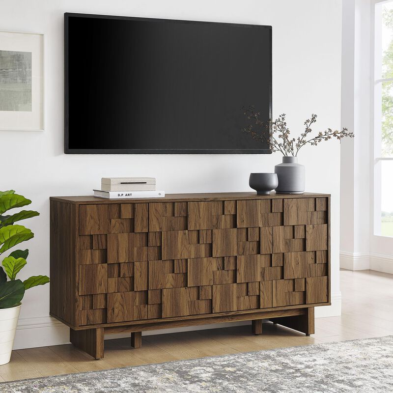 Modway Owen 4-Door Modern Carved Geometric Sideboard in Walnut - 59 Inch Buffet Cabinet with Adjustable Shelves &ndash; Living Room or Dining Room Storage Credenza image number 1