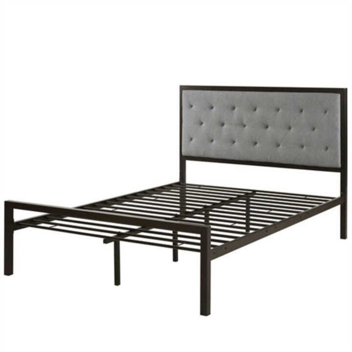 Low Profile Metal Bed Frame &ndash; Contemporary Upholstered Headboard with Slat Base