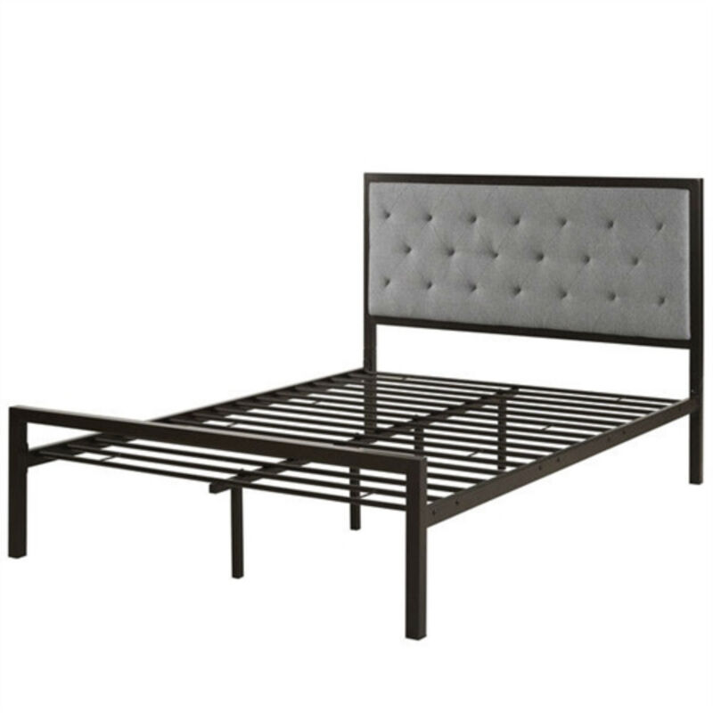 Low Profile Metal Bed Frame &ndash; Contemporary Upholstered Headboard with Slat Base