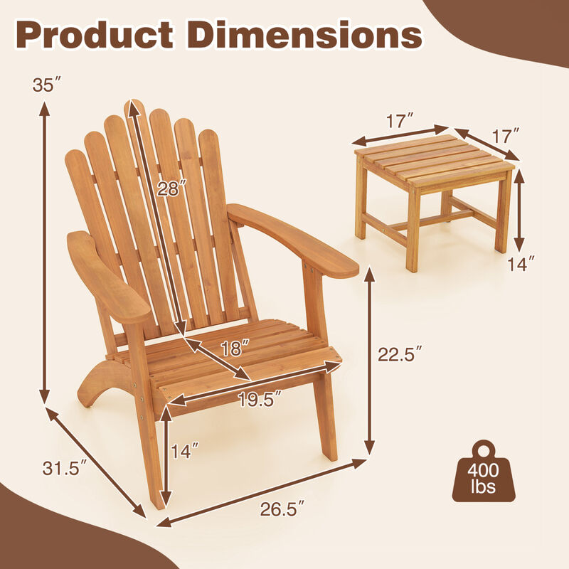 Outdoor Natural Adirondack Chair Set of 2 with Side Table for Garden Deck image number 2
