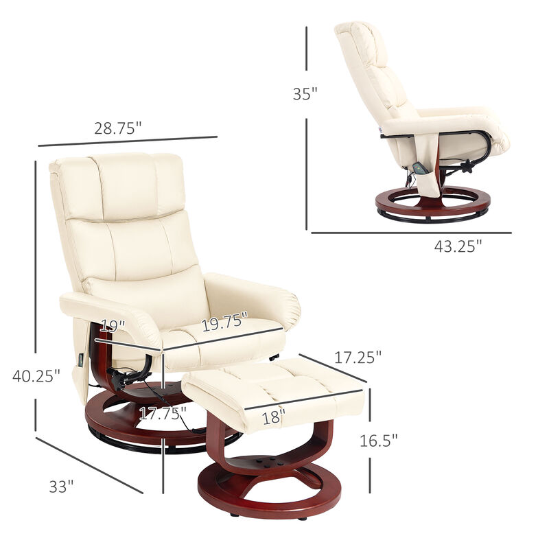 HOMCOM Massage Recliner Chair with Ottoman, Swivel Recliner and Footrest, Faux Leather Reclining Chair with Remote Control and Side Pocket, Cream White