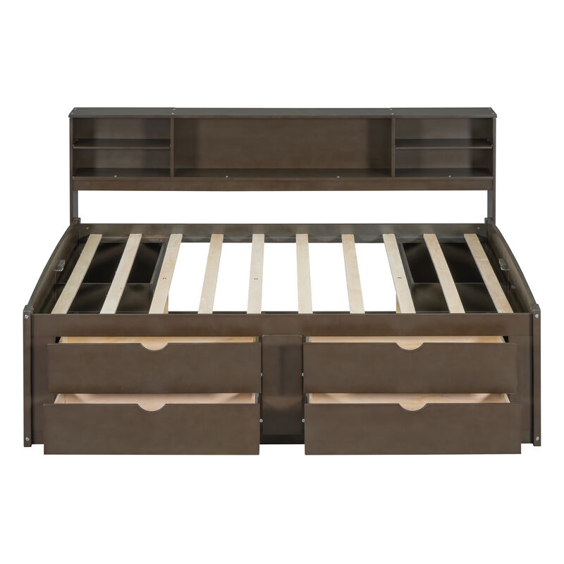 Whisen Full Size Wood Daybed with 2 Bedside Cabinets, Upper Shelves and 4 Drawers image number 6