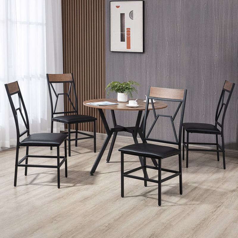 5 Pieces Diner Tables Industrial Dining Room Sets for 4 People with Round Table Padded Seat and Steel Frame Brown image number 2