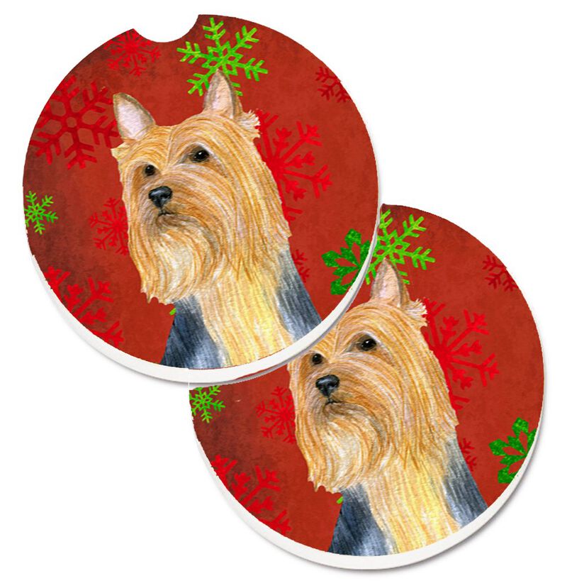 Caroline's Treasures Silky Terrier Red green Snowflake Holiday Christmas Set of 2 Cup Holder Car Coasters LH9316CARC, 2.56, Multicolor image number 0