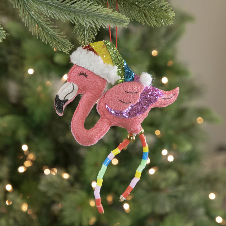 7.5" Pink Plush Flamingo with Rainbow Santa Hat Christmas Ornament