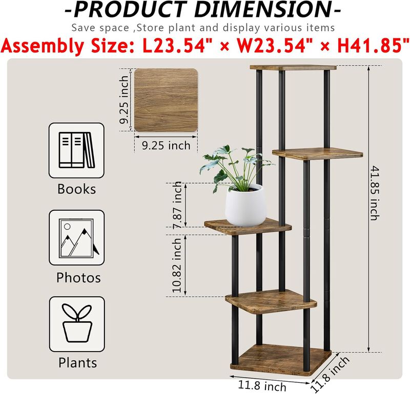 5 Tier-Black+Rustic Brown Shelving, Plant Stand, Interior Metal Flower Stand image number 2