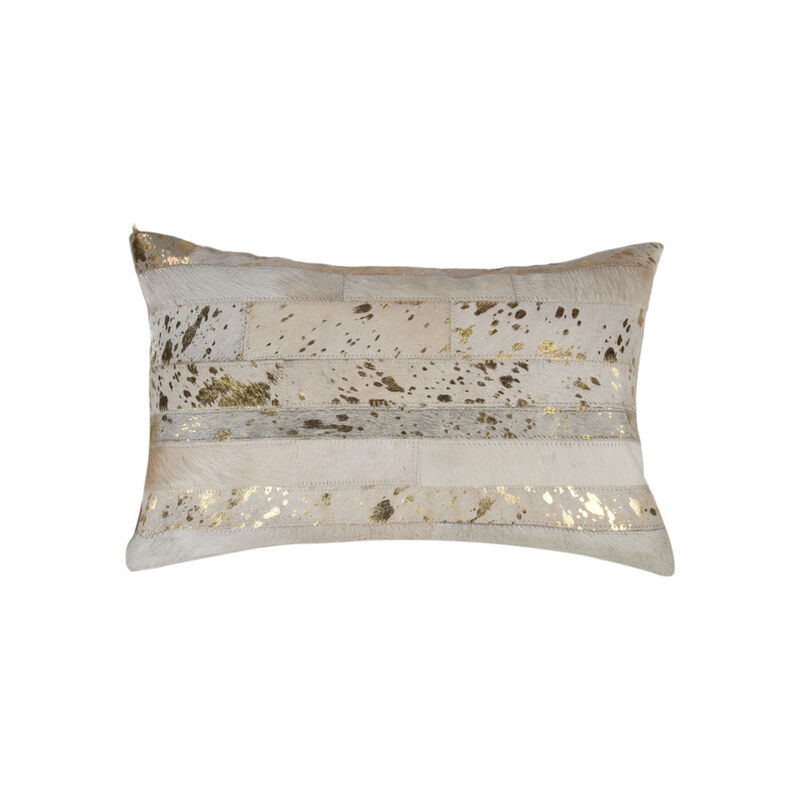 HomeRoots Set of Two 12" X 20" Natural and Gold Patchwork Cowhide Lumbar Throw Pillows with Glitter image number 3