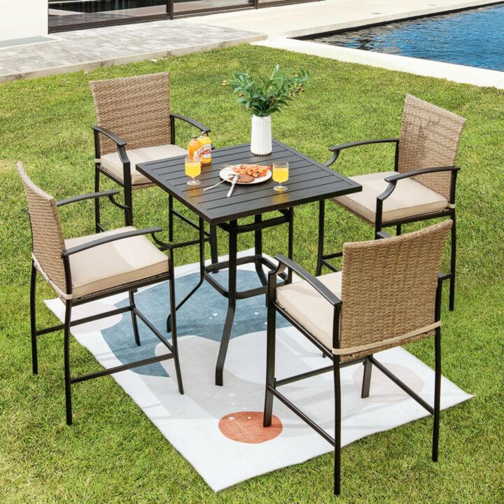 Hivvago 5 Pieces Outdoor Rattan Bistro Bar Stool Table Set with Cushions
