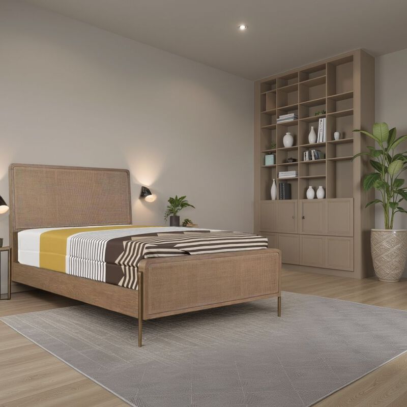 Sea Wood Queen Size Bed with Woven Cane Design, Open Panel, 4 Slats, Brown - Benzara