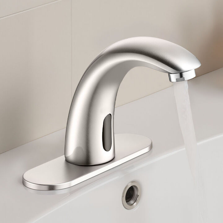 Touchless Restroom Sink Faucet with Adjustable Temp, Battery Operated, Hole Cover-Silver