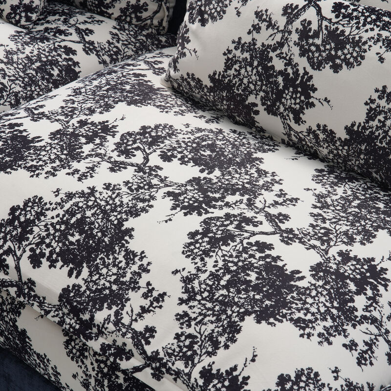 FUFU&GAGA Modern L-Shaped Sofa Set with Ottoman, 3 Lumbar Pillows, 3 Headrests and 2 Throw Pillows, Black & White Floral Fabric, (112.2 in. W x 29.1 in. D x 41.7 in. H), Blue