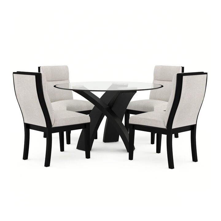 Moi 5pc Dining Table and Chair Set, 52 Inch Round Glass, White Black - Benzara