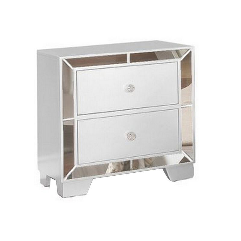Eli 23 Inch Modern Wood Nightstand, 2 Drawers, Mirrored Edges, Clean White-Benzara