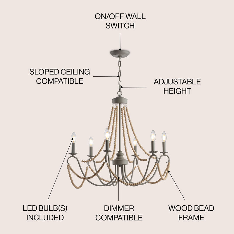 Rustica Adjustable Greige Metal/Wood Bead LED Chandelier