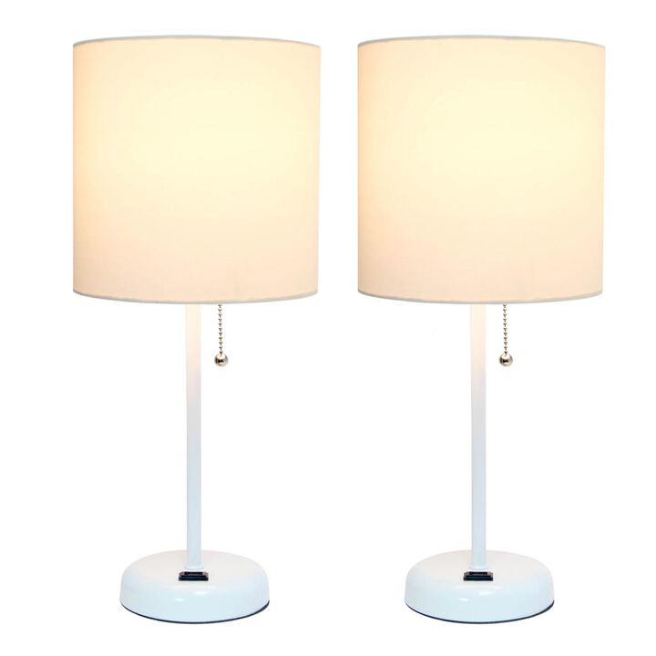 LimeLights White Stick Lamp with Charging Outlet and Fabric Shade - 2 Pack Set