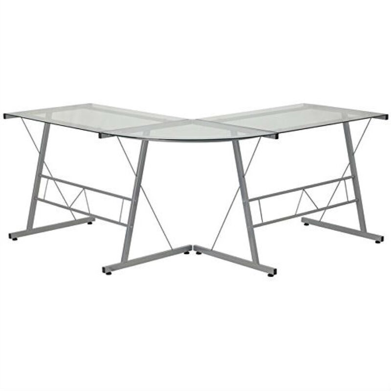 QuikFurn Modern Silver Metal L-Shaped Desk with Glass Top and Floor Glides