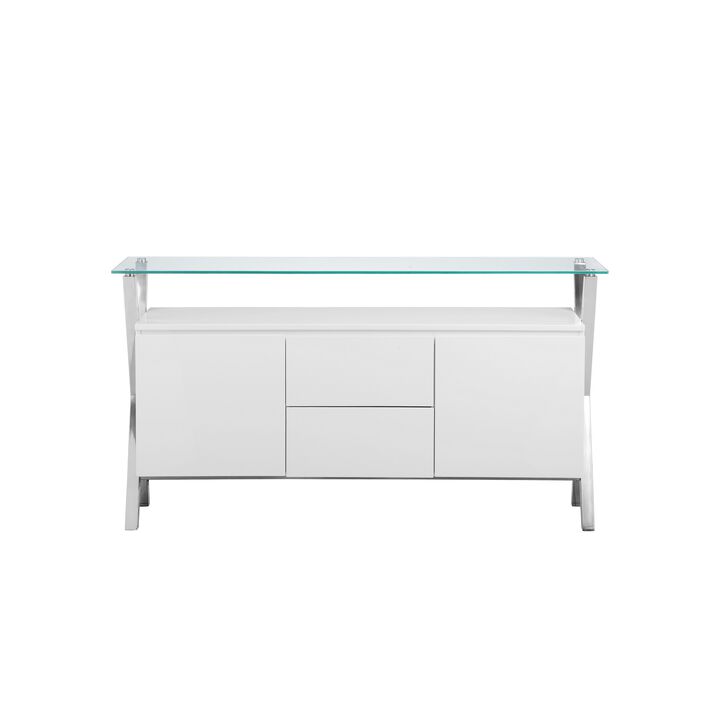 Tia Sideboard Buffet Console, 2 Doors, Chrome and Glass, White 63 Inch - Benzara