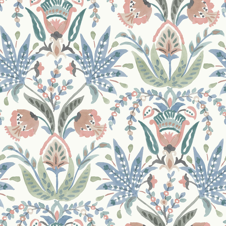 Seaside Jacobean Pink & Blue Wallpaper
