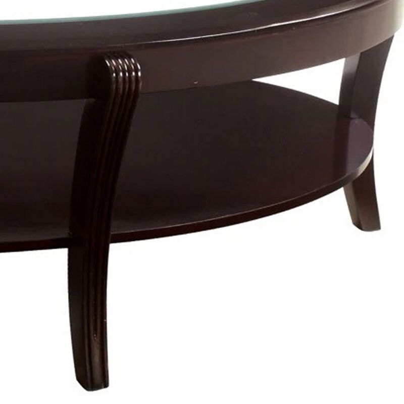 Oval Wooden Cocktail Table with Glass Insert and Open Shelf, Espresso Brown-Benzara
