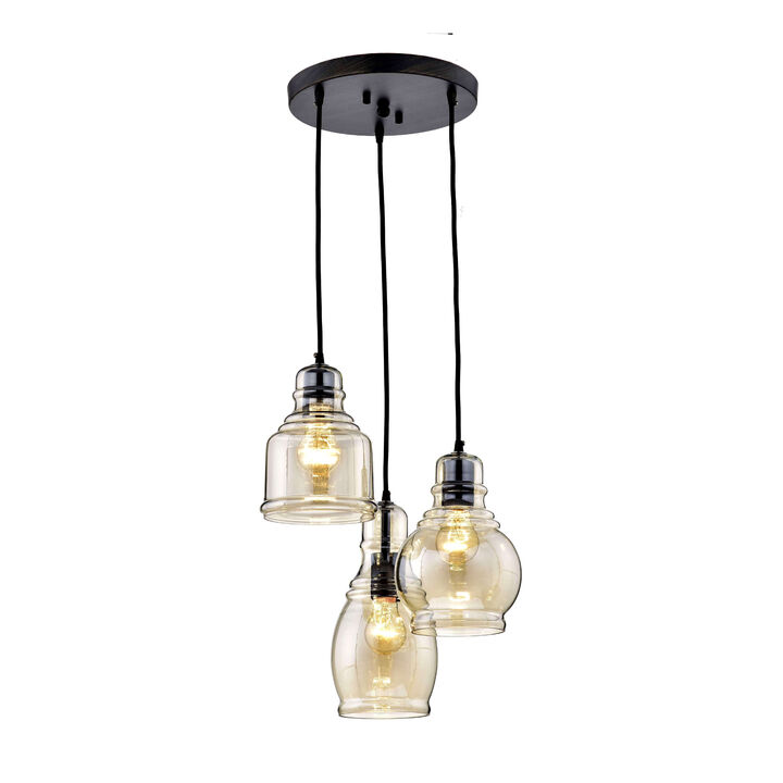 Alba Antique Black Cognac Glass 3-light Cluster Pendant Chandelier