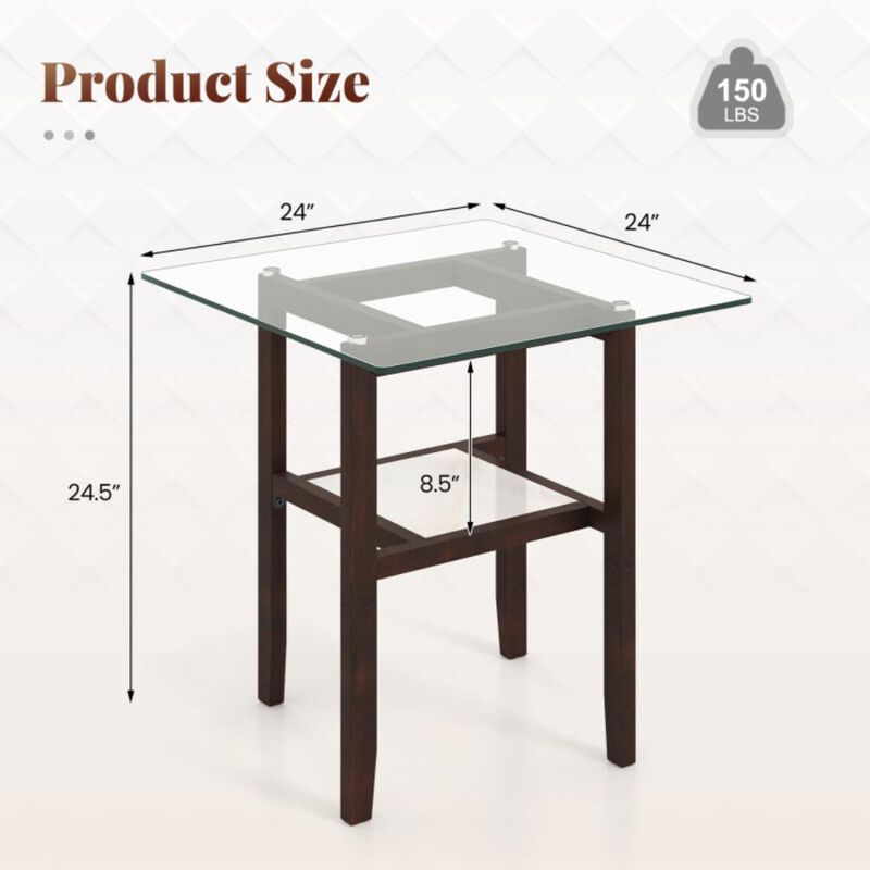 Hivvago 24 Inch 2-Tier Square Glass Coffee Table Center Table with Storage Shelf