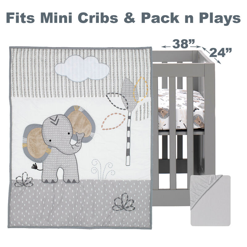 Lambs & Ivy Jungle Safari Elephant 3-Piece Mini Crib Bedding Set - Gray/White