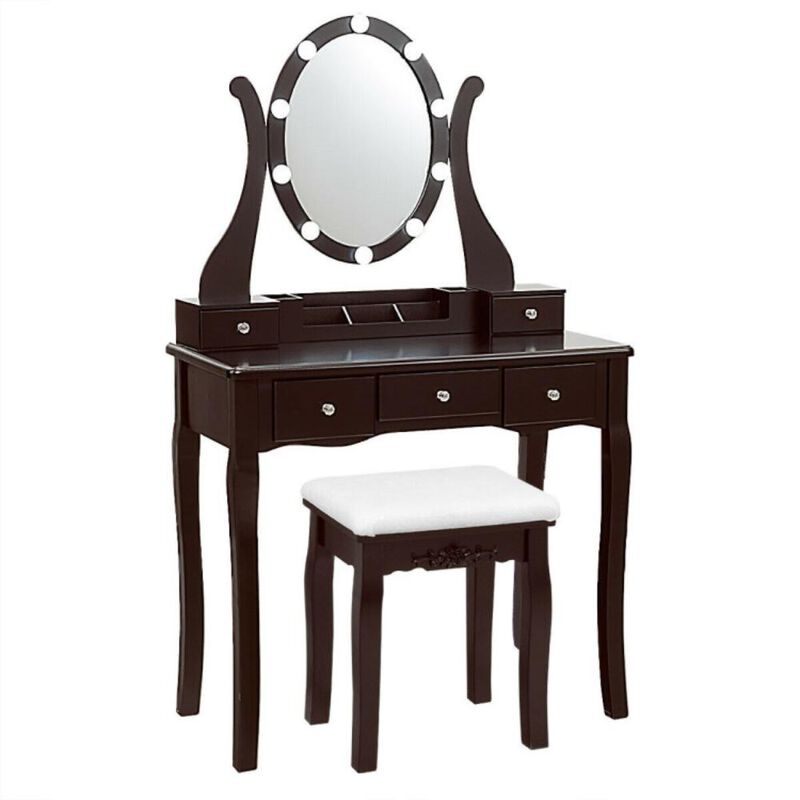 Hivvago 10 Dimmable Lights Vanity Table Set with Lighted Mirror and Cushioned Stool