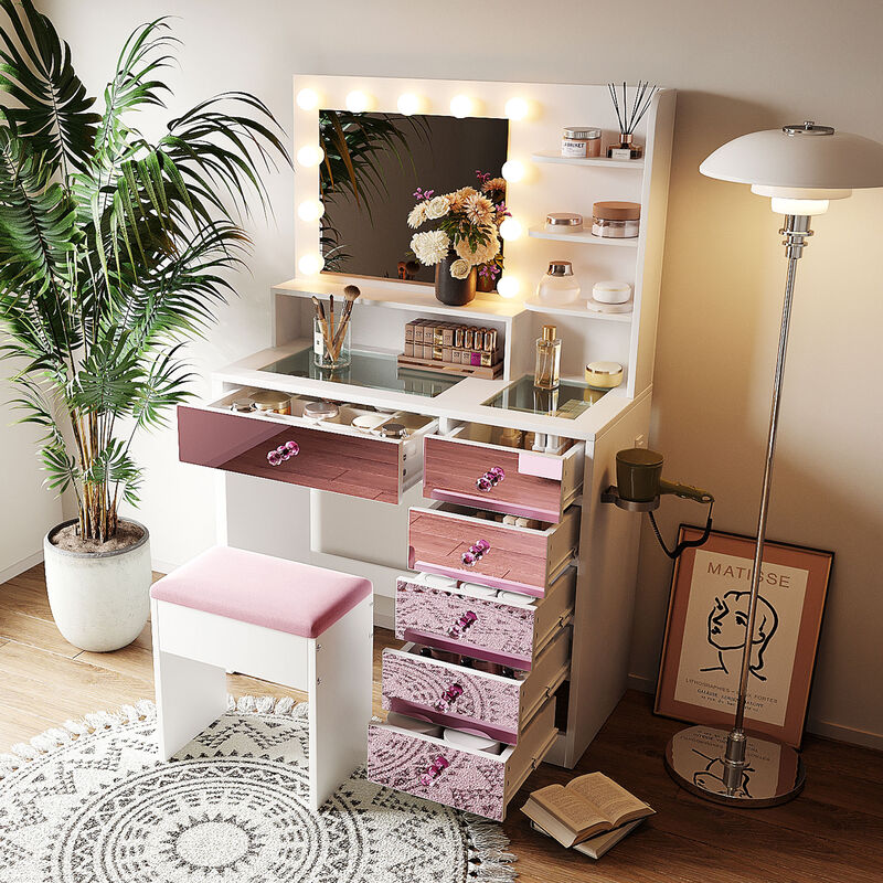 Whisen 37" Vanity Set with 11 Bulbs & 6 Drawers, Glass Top, USB Charging, MDF Dressing Table for Bedroom image number 2