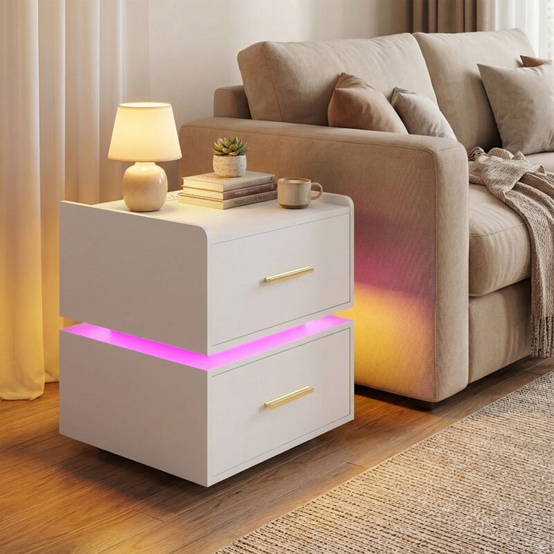 Modern Nightstand with LED Light, Charging Station and 2 Storage Drawers image number 6