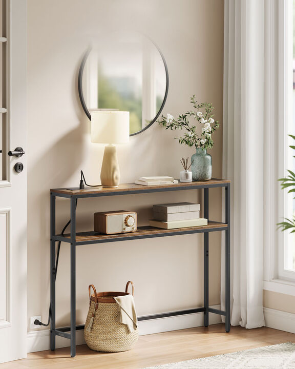 2 Tier Narrow Console Table with Power Outlet and Shelves