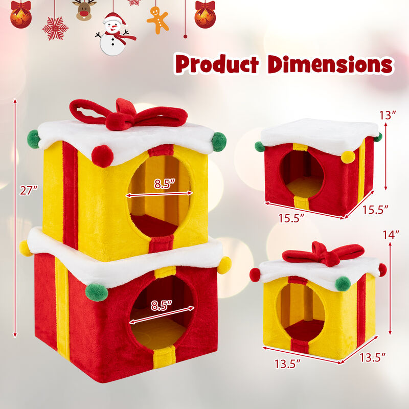 Christmas Cat House Set &ndash; 2 Gift Box Shaped Houses with Decorative Bow image number 2