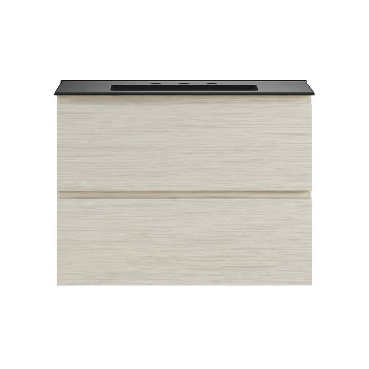 30" Wall-Mounted Bathroom Vanity in White Oak, Black 3-Hole Widespread Sink Top