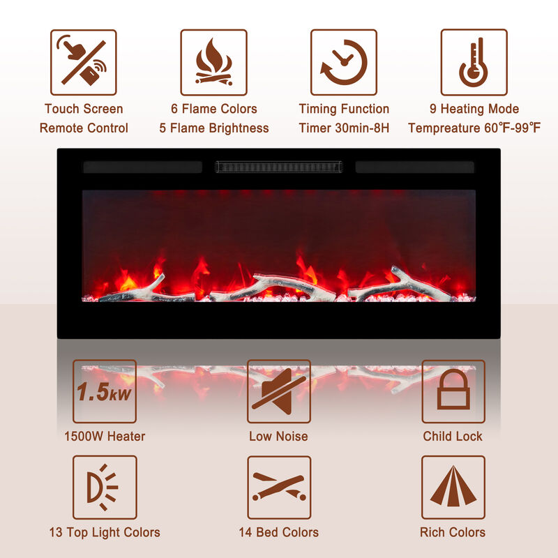 MONDAWE 42" Wall-Mounted Recessed Electric Fireplace 4780 BTU Heater with Remote Control Adjustable Flame Color & Temperature Setting