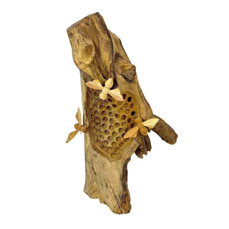 Wood Beehive Decorative Sculpture Natural Standing Accent With 3 Bees image number 1