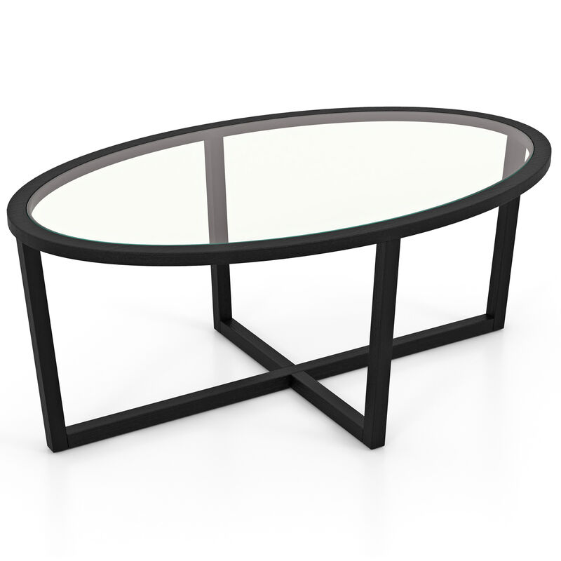 Oval Glass Coffee Table with Cross Base and Acacia Wood Legs for Modern Living Room Decor