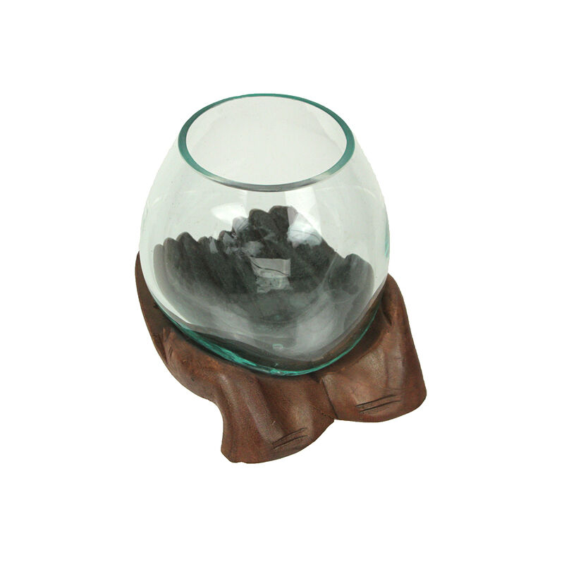 Blown Molten Glass and Carved Wood Hands Decorative Bowl image number 4