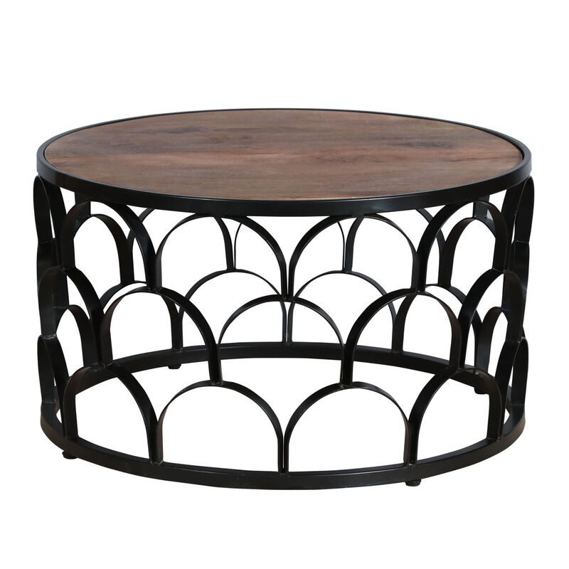 32 Inch Round Coffee Table, Mango Wood Top, Lattice Cut Out Metal Frame, Brown, Black image number 1